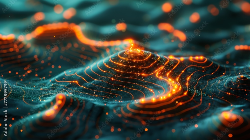 Poster satellite view of terrain with digital radar interface, communication technology concept