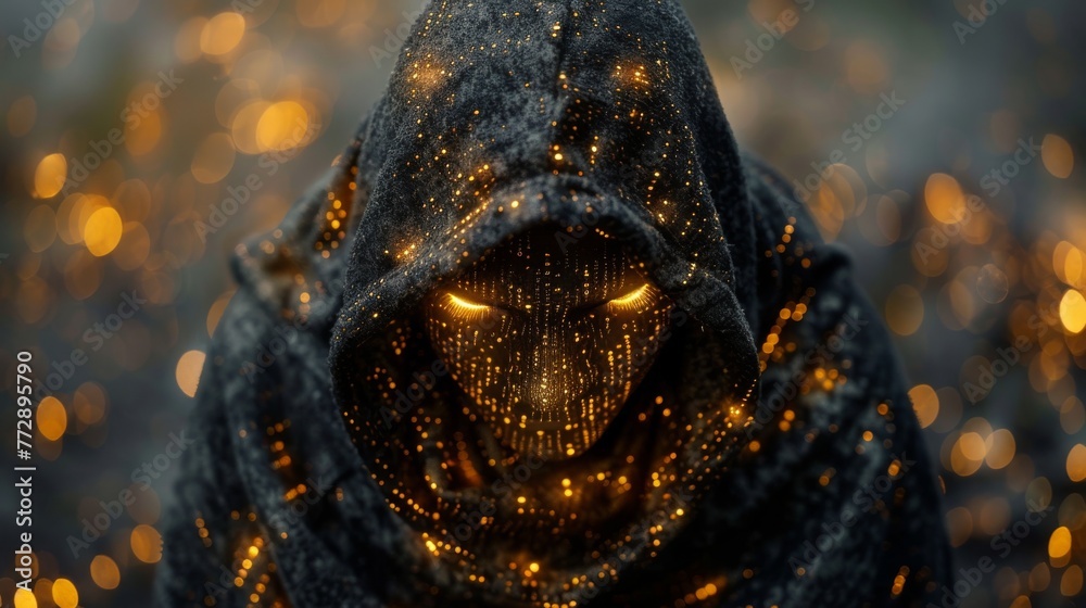 Poster An illustration of a hacker in hooded sweatshirt combined with computer programming scripts in the form of a cybercrime concept
