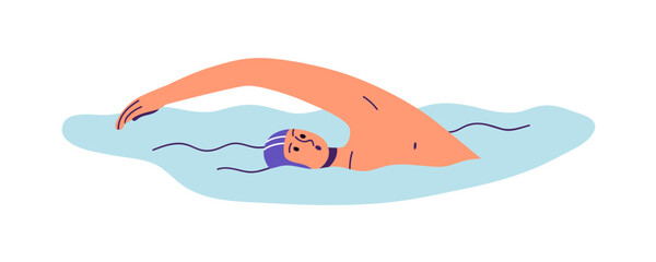 Swimmer in water. Man, professional athlete swimming in pool. Sportsman in cap in action, motion in aqua, front crawl style. Aquatic sport. Flat vector illustration isolated on white background