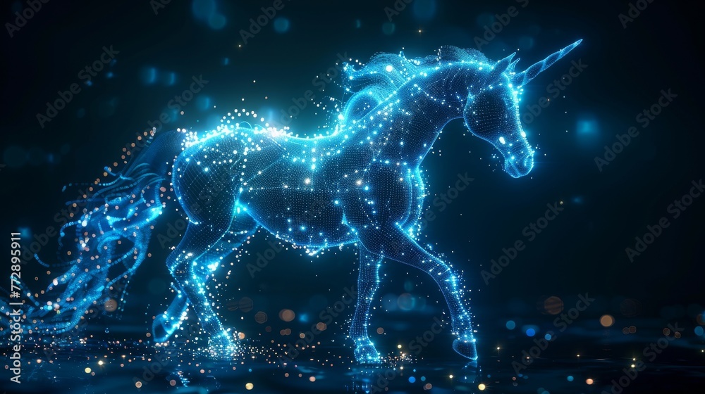 Poster Incorporating an electronic pattern with a unicorn graphic represents a startup business.