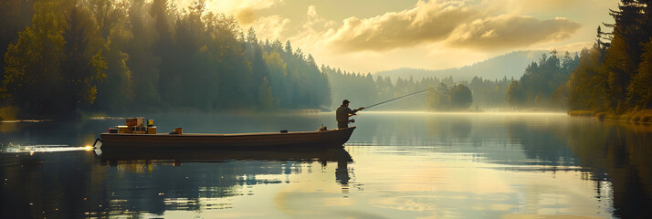 Golden Hour Serenity: A Tranquil Scene with One Man and His Quest for Fish. - obrazy, fototapety, plakaty