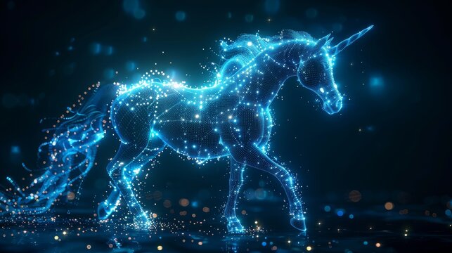 Incorporating an electronic pattern with a unicorn graphic represents a startup business.