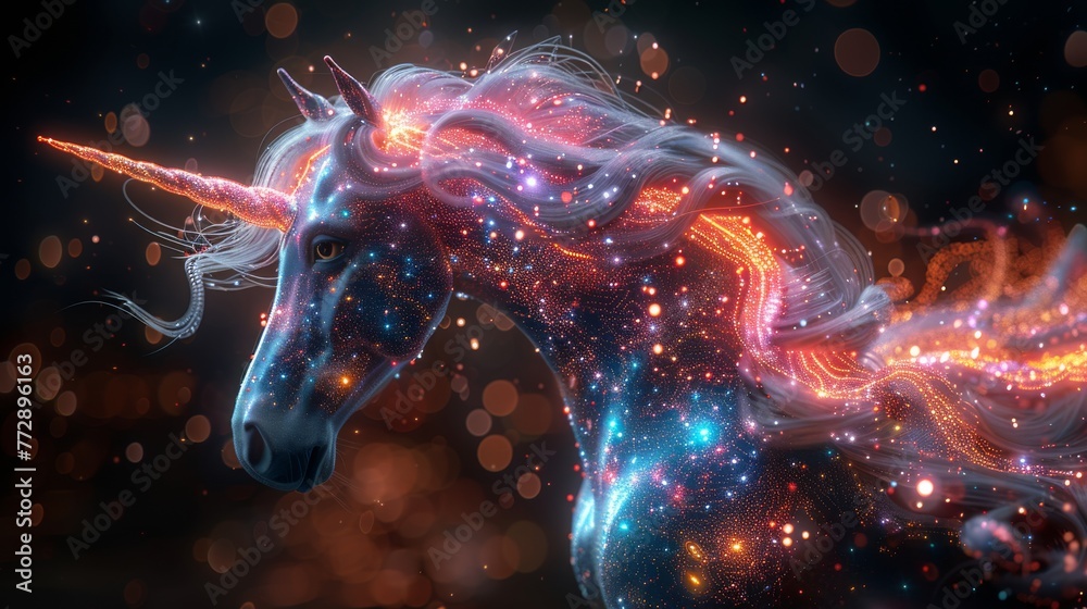 Poster An electronic pattern is combined with a graphic of a unicorn to represent a business startup