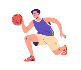 Basketball player. Man athlete playing sport game, dribbling ball. Male character, young active guy in action, training, exercising, workout. Flat vector illustration isolated on white background - obrazy, fototapety, plakaty