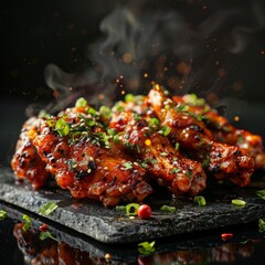 Korean chicken wings garnished, steam and spices visible
