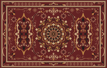 Red and gold carpet with abstract geometric and floral patterns.