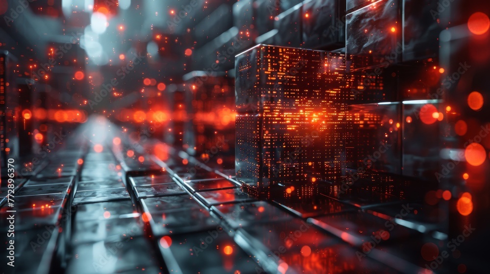 Poster Concept of block-chain technology or big data, graphic of cubes with binary code and futuristic elements