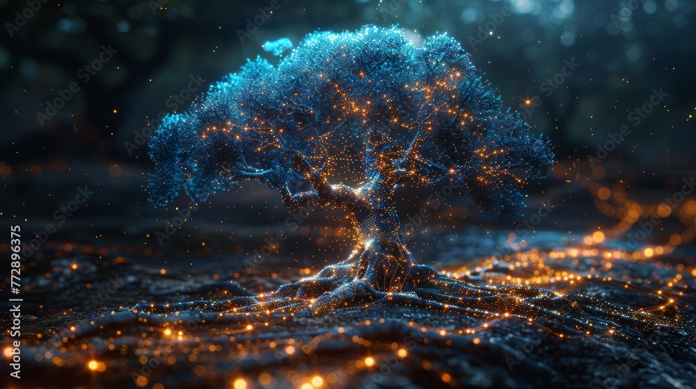 Aufkleber Blue cyber polygon tree with futuristic elements based on network connection technology.