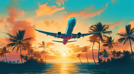 an airplane flying over water with palm trees and sunset