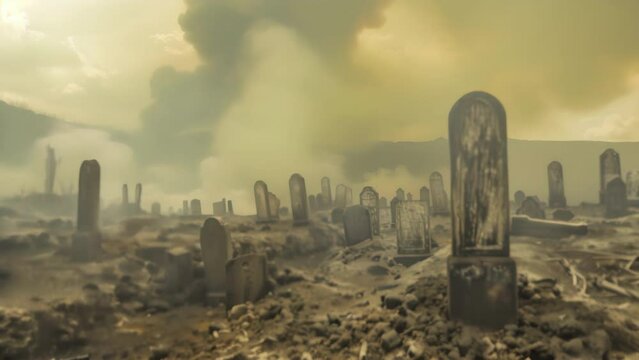 A graveyard with headstones toppled and cracked surrounded by ash and smoke from a recent eruption.