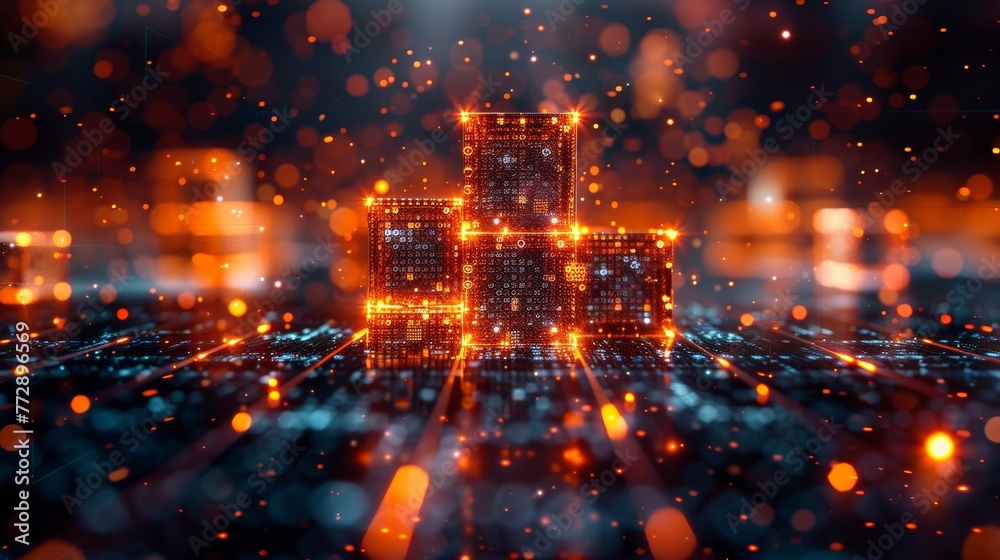 Poster Concept for block chain technology or big data, graphic of cubes with binary code and futuristic elements