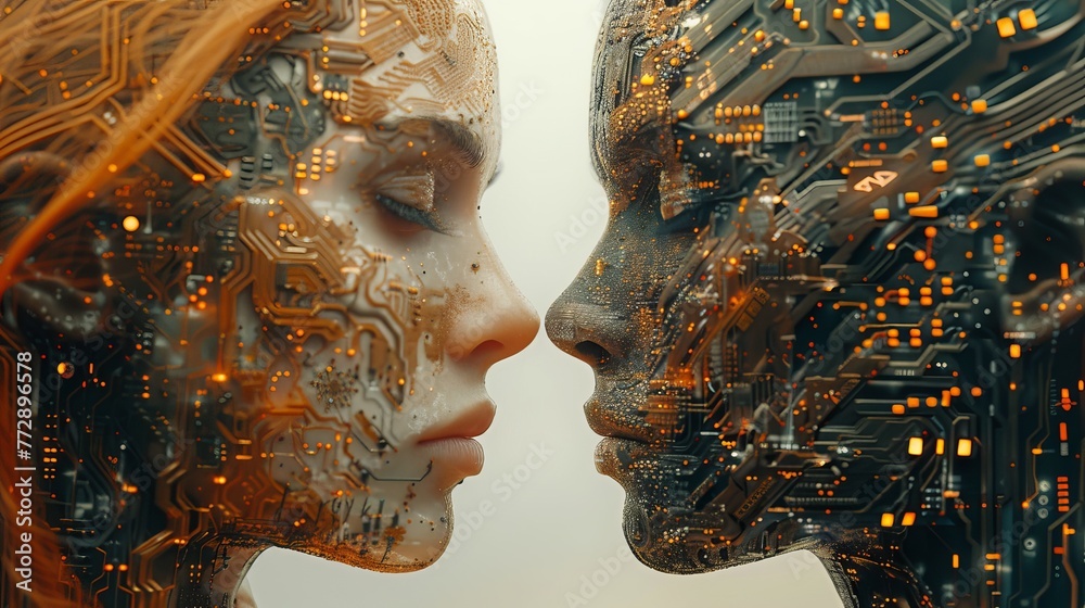 Poster Concept of digital twins or machine learning, combining the shape of humans with electronic patterns