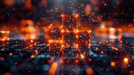 Fototapeta na wymiar Concept for block chain technology or big data, graphic of cubes with binary code and futuristic elements
