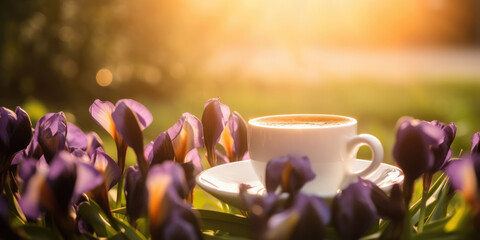 Coffee and Iris Flowers. Cup of Coffee and purple iris flowers in morning sunlight in spring...