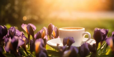 Foto op Plexiglas Coffee and Iris Flowers. Cup of Coffee and purple iris flowers in morning sunlight in spring blooming garden © maxa0109