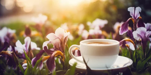 Fotobehang Coffee and Flowers. Cup of Coffee and purple iris flowers in morning sunlight in spring blooming garden © maxa0109