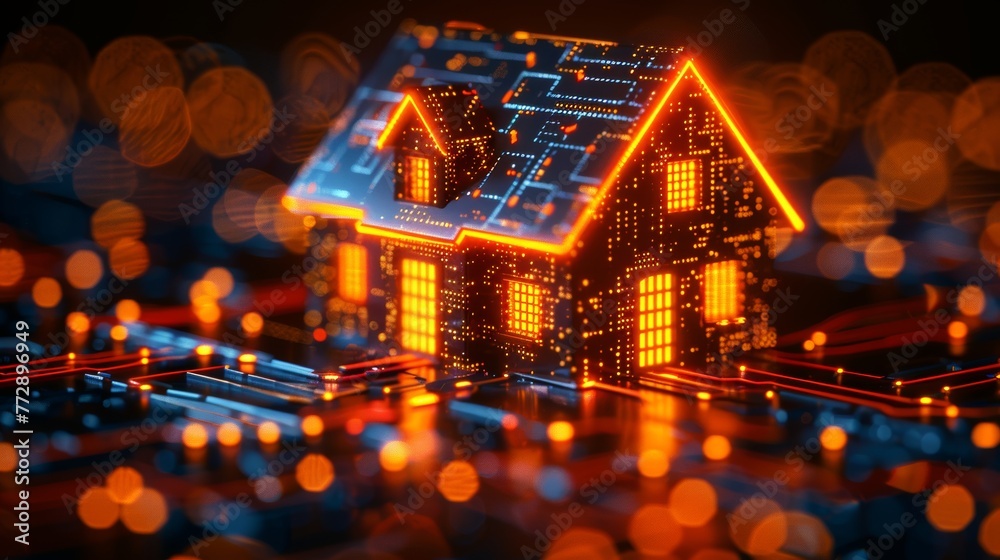 Aufkleber a house shape combined with an electronic pattern and appliances icons represents the concept of sma