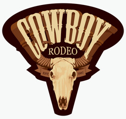 Vector emblem for a Cowboy Rodeo show. Decorative illustration with skull of bull and lettering in retro style. Suitable for banner, logo, icon, invitation, flyer, label, tattoo, t-shirt design - 772896979