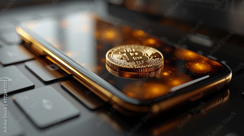 Aufkleber an image of a realistic mobile phone with a golden coin depicts mobile banking technology