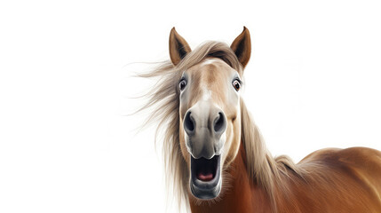Surprised or shocked horse portrait on a white background. Blank space for product placement or advertising text.