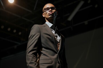 Professional Photography of a Supermodel Showcasing Sleek and Tailored Menswear Designs on the...