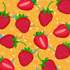 Bright summer background banner. Round orange slices and red strawberries on a blue background. Vector cartoon illustration. Juicy berries and fruits. Design for postcard and sale. Hello summer.