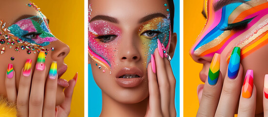 High-resolution photography featuring models with colorful makeup and nail art exuding fun and creativity