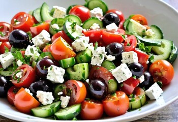 A simple salad made with fresh tomatoes, cucumbers, onions, bell peppers, olives, and feta cheese, dressed with olive oil and oregano - obrazy, fototapety, plakaty