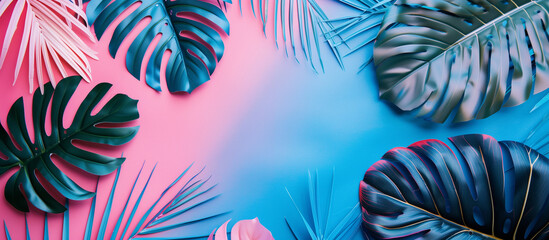 A colorful and dynamic image featuring tropical leaves artistically arranged on a gradient background, expressing freshness and creativity