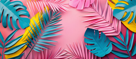 This image features a vibrant paper art craft of tropical leaves, showcasing the beauty of handcraft and design