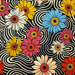 Fototapeta na wymiar Op Art Flowers. Generated Image. A digital illustration of colorful flowers in an Op Art style with optical illusion.