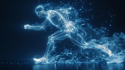 Obraz premium An illustration of orthopedic medical technology showing a man running with an x-ray of his skeleton