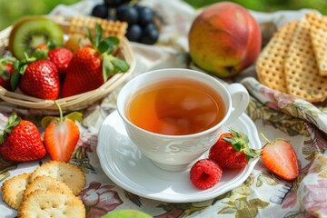 Fresh and healthy breakfast with fruits, tea, and crackers on a sunny morning