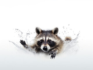 Obraz premium A raccoon splashing in the water on a white background. Product for pet hygiene and bathing.