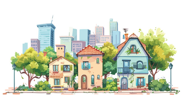City with two twostory cartoon houses and green tree