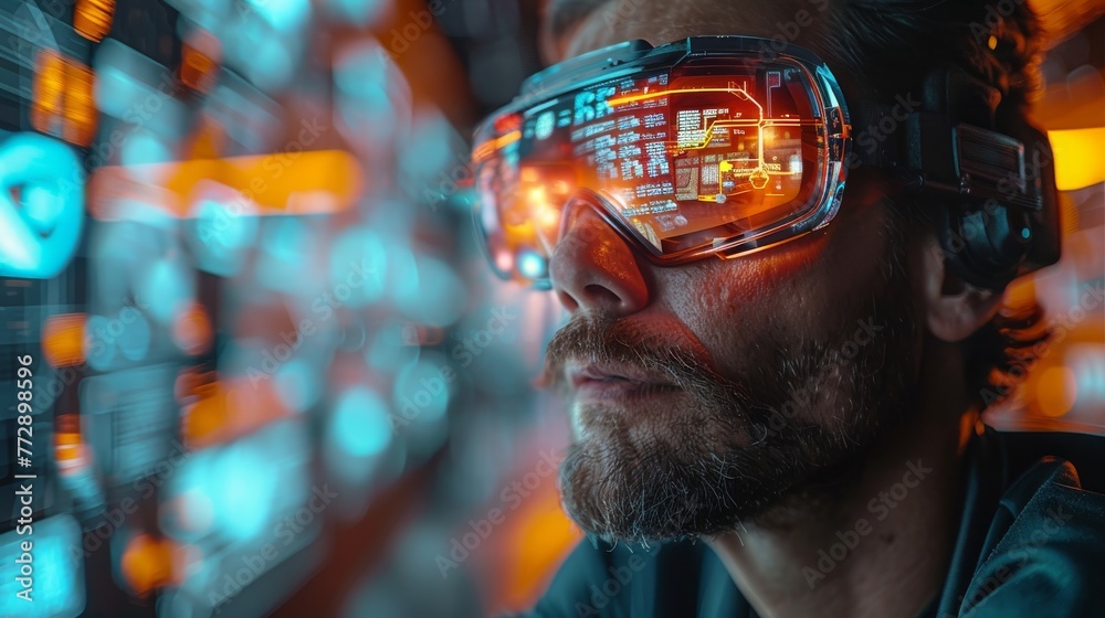 Poster Augmented reality technology or mobile application, showing a futuristic interface used by a man