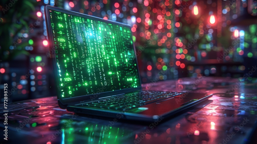 Poster Script development concept and graphic of computer laptop with binary code and digital elements