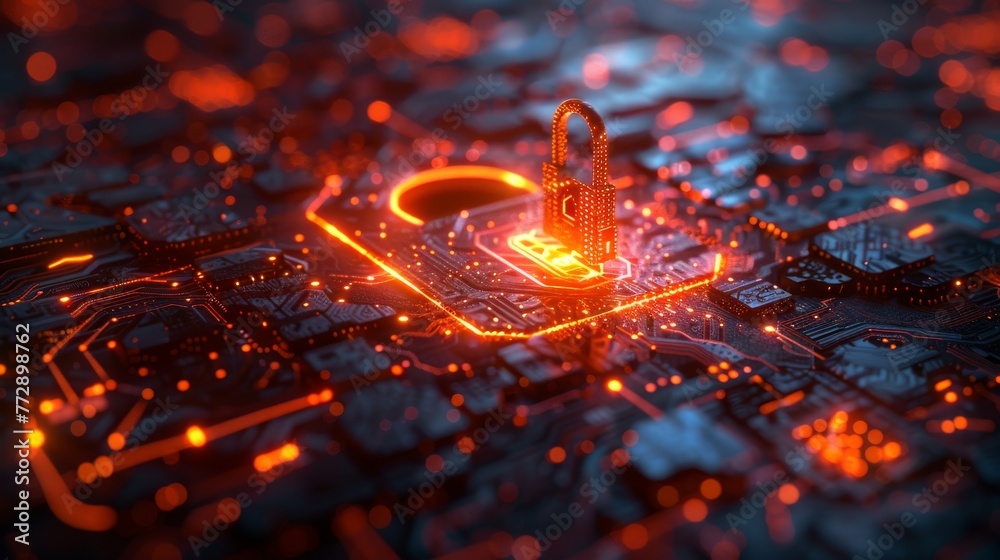 Poster An electronic key and a lock pad depict a private key in the context of cyber security.