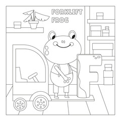 Cute Frog and forklift. Transport and animals. Letter F. Coloring page. Alphabet, card with cute cartoon style characters. ABC. Education for children. Preschool activity. Vector illustration.