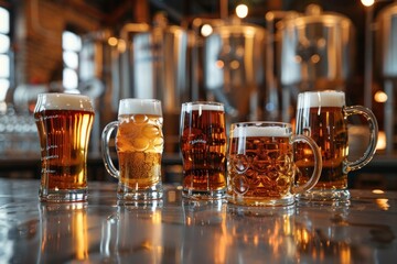 Craft beers in various glasses on bar counter with brewery in background - obrazy, fototapety, plakaty