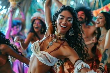 Obraz na płótnie Canvas Ecstatic woman dancing with vibrant energy at a lively carnival celebration.