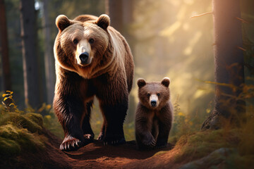 a bear and cub walking in the woods