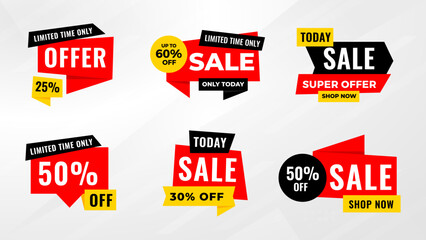  Sale tags collection. Special offer, big sale, discount, best price, mega sale banner set. Shop or online shopping. Sticker, badge, coupon store Vector Illustration