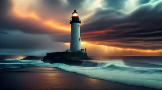 Eerie depiction of a deserted lighthouse in the midst of a thunderous storm, illuminated by striking digital effects and captivating lighting contrasts.