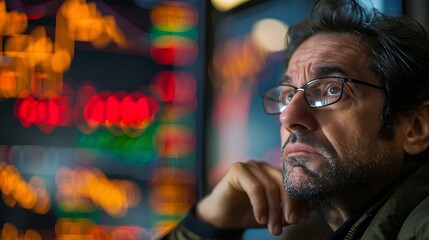 Close-up of a distressed investor watching stock market data dive, a moment of financial crisis - 772899356