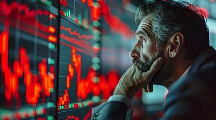 Close-up of a distressed investor watching stock market data dive, a moment of financial crisis - 772899371