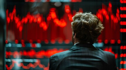 Close-up of a distressed investor watching stock market data dive, a moment of financial crisis - 772899399