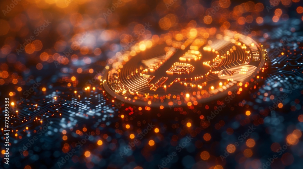 Aufkleber cryptocurrency technology concept, graphic of a bitcoin with financial elements