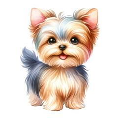 Watercolor cute Yorkshire Terrier. Cute dog breed. Dog days concept.
