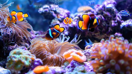 Naklejka na ściany i meble Clownfish in anemone in a vibrant coral reef aquarium.